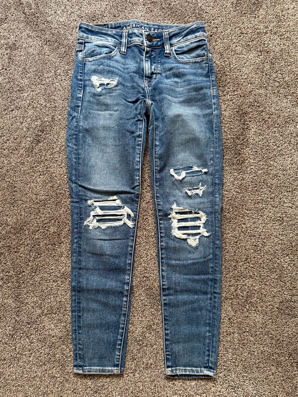 American Eagle Outfitters Blue Skinny Jeans Ripped With Backing Patches